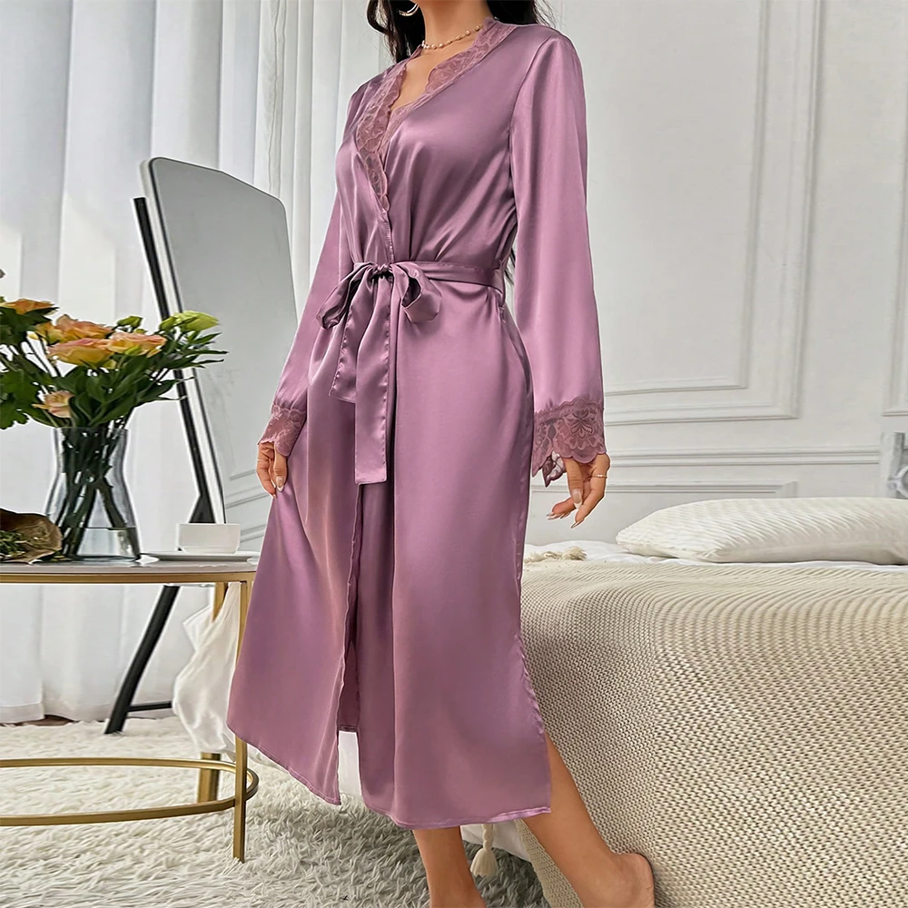 Solid Satin Night Robe Elegant Pajamas With Belt Sexy Women Sleepwear Mesh Lace Splicing V-neck Nightgown Plus Size Nightwear