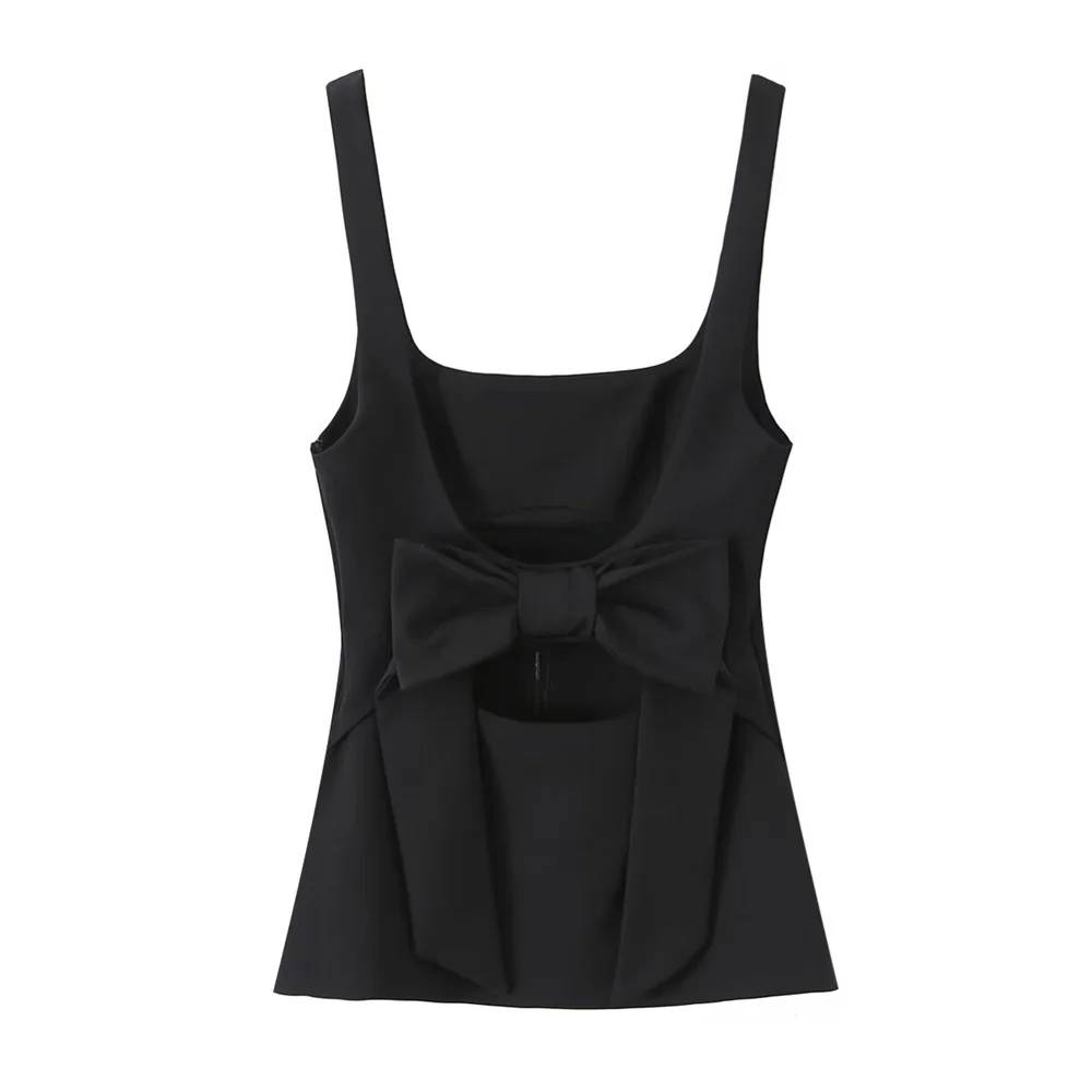 Top con decoración de lazo trasero de dos colores para mujer, chaleco de color sólido, decoración, ropa nueva de primavera/verano