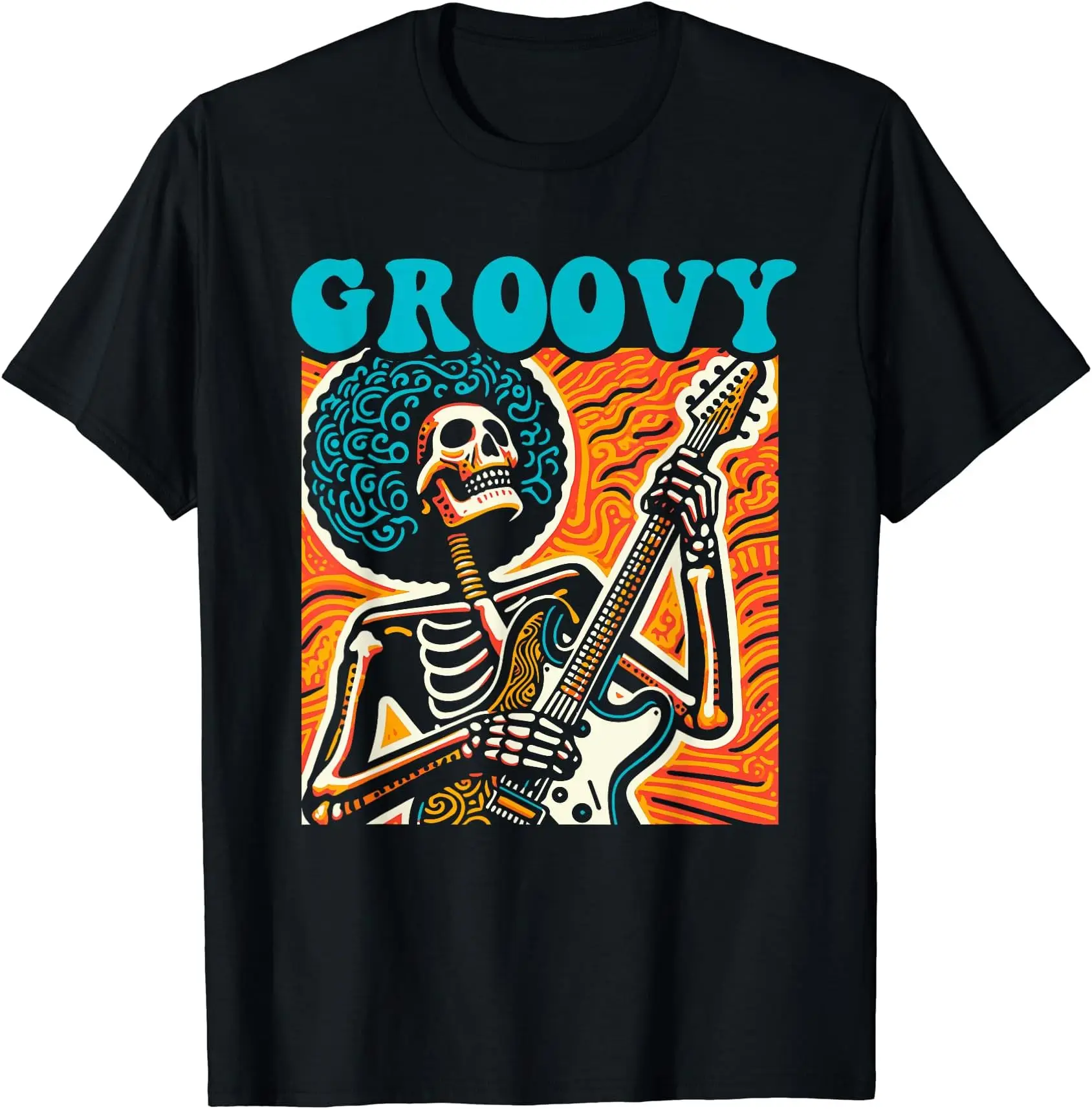 Groovy Skeleton Afro Funk Music Retro Guitar T-Shirt  for Men Clothing Women Tees High Quality 100%Cotton Short Sleeve