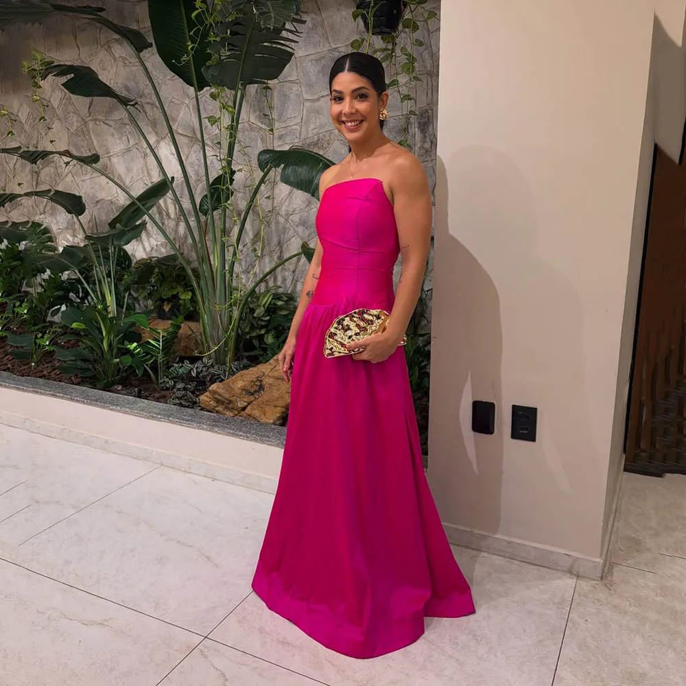 Msikoods Customized Fuchsia Satin Party Dress Simple Strapless Ruched A Line Formal Evening Gowns Guest Women's 2026 Prom Dress