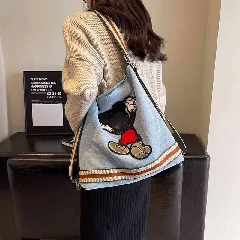 

Disney Mickey Mouse Large Capacity Denim Shoulder Bag Washed Cartoon Embroidery Student Class messenger Cross Body Bag Backpack