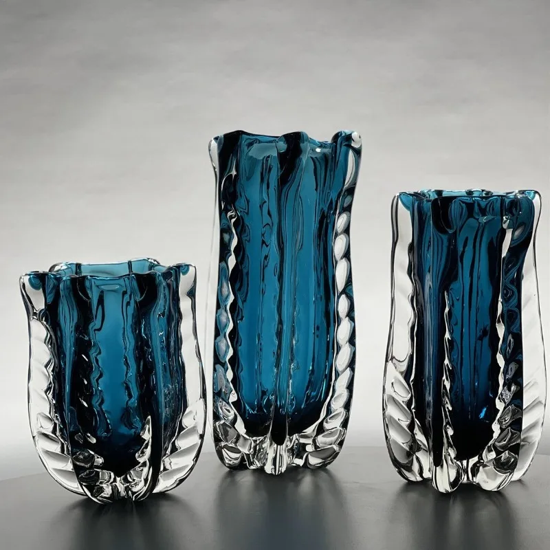 Тяжелая и легкая роскошная ваза с волнистым синим глазурью, гидропонное зеленое стекло для растений, контейнер для цветочной композиции, высококачественный дом