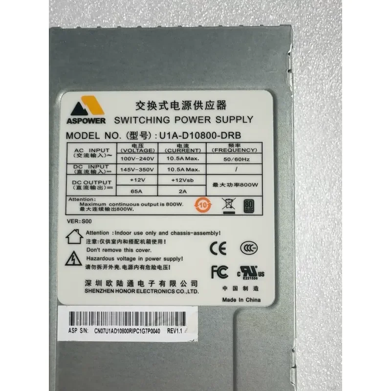 for Eurocom U1A-D10800-DRB 800W 1U Server Power Supply Unit High Efficiency Redundant PSU for Data Center Rack Mount