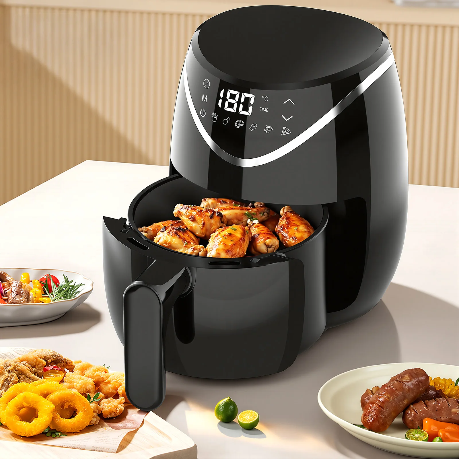 OYAJIA Heißluftfritteuse 2,8 L Einzelschubladen-Heißluftfritteuse 80-200 ° C 800W 1-60min Timer Touch-Display Kein Öl Erforderlich 6 Voreingestellte Modi Mit Backblech Glatte Gebogene Oberfläche