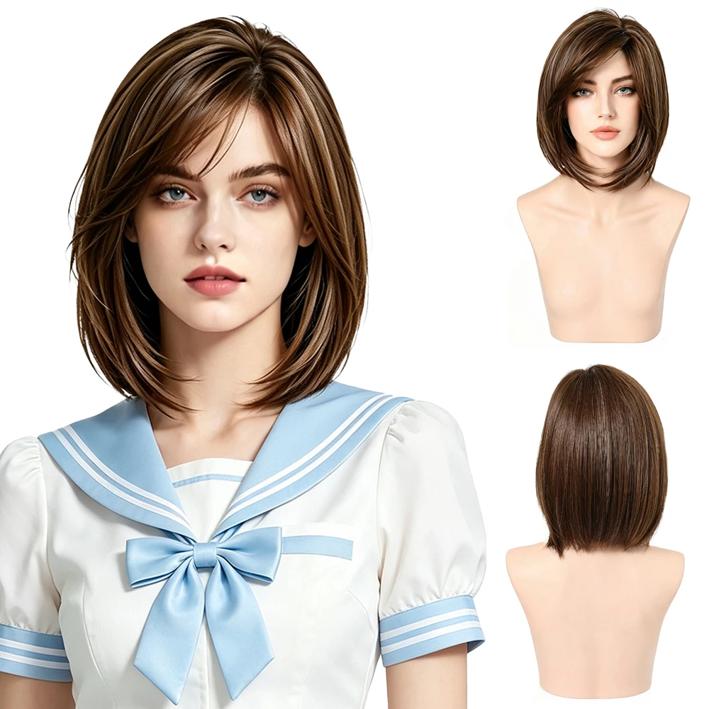 Balayage Brown Layered Bob Wig Side Part Soft Synthetic Heat Resistant Short Shoulder Length Hair For Women Party Daily Wear