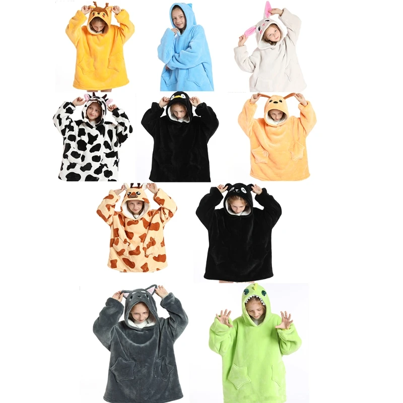 

Kids Boys Girls Wearable Hoodie Blanket Cartoon Animal Winter Warm Faux Fleece Pullover Sleeves Sweatshirt TOP quality