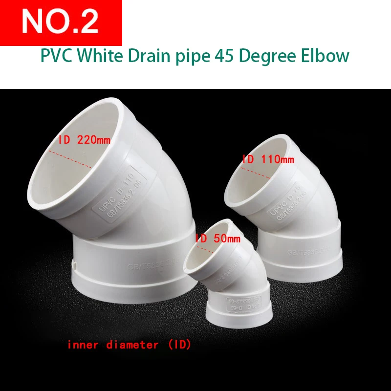 

PVC White Drain pipe 45 Degree Elbow Inner diameter 50mm-200mm drain pipe fittings joint kitchen drain joint 1 Pcs