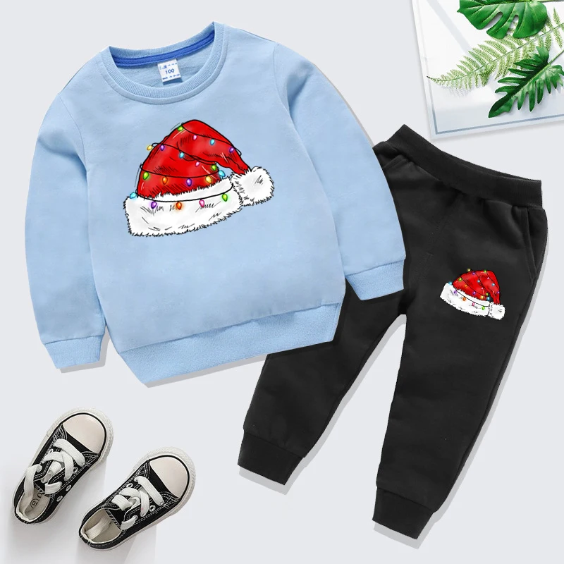 Christmas Hat Graphics 2Pieces Sweatshirt Trousers Suits Round Neck Long Sleeve Merry Christmas Fashion Boys Girls Tracksuit Set