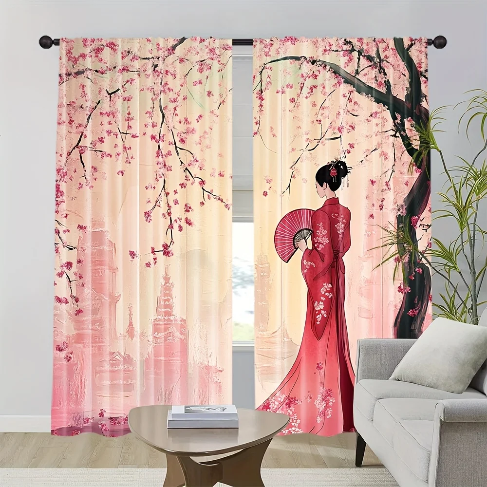 Japanese Geisha Curtain, Pink Cherry Blossom Window Drape, Kimono Girl Blackout Panel, Asian Style Living Room Home Decor