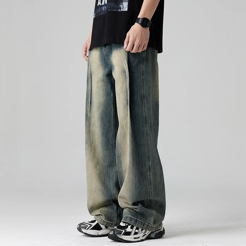 Wide leg jeans men's loose straight leg retro blue high-quality trendy brand full length pants streetwear jeans for men