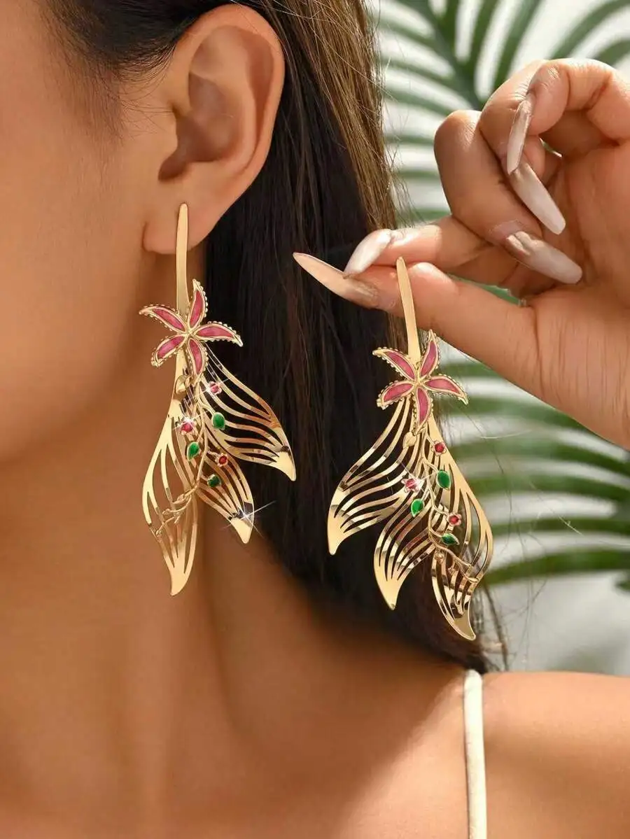 

Elegant Hollow Striped Drop Earrings With Colorful Ocean Flower Leaf Fireworks Design Rhinestones Handmade Oil Painting Style