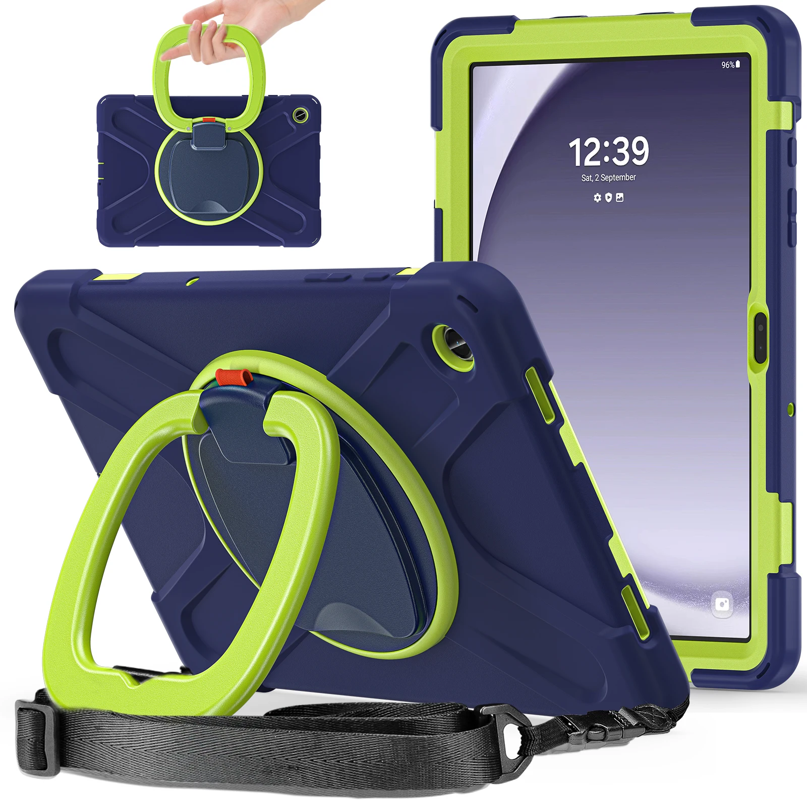 

For Samsung Galaxy Tab A9+ Case Rotary Kickstand Anti-drop Tablet Cover with Shoulder Strap - Navy Blue+Yellowgreen