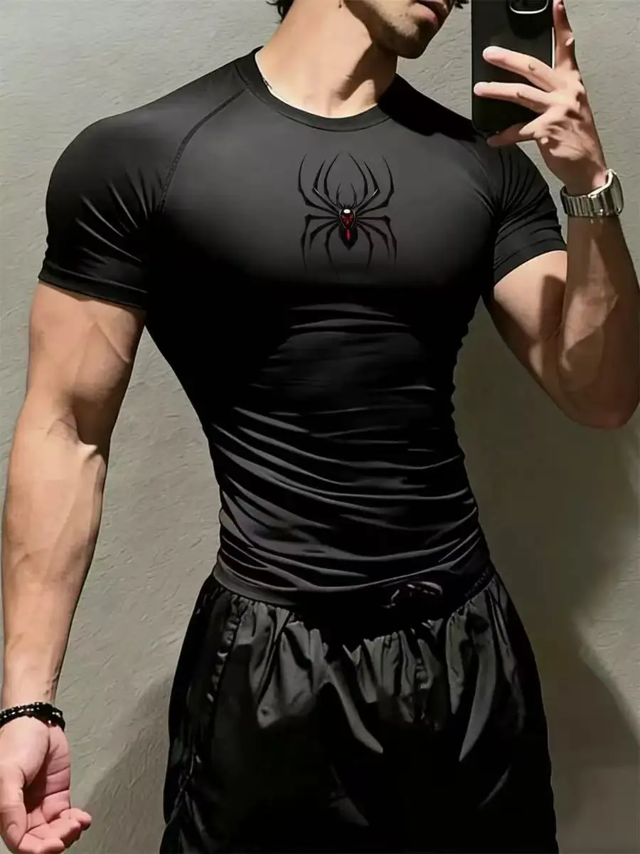 Spider Print Long Sleeve Compression Shirts for Men Gym Workout Rash Guard Undershirts Baselayers Athletic Quick Dry Tees Tops