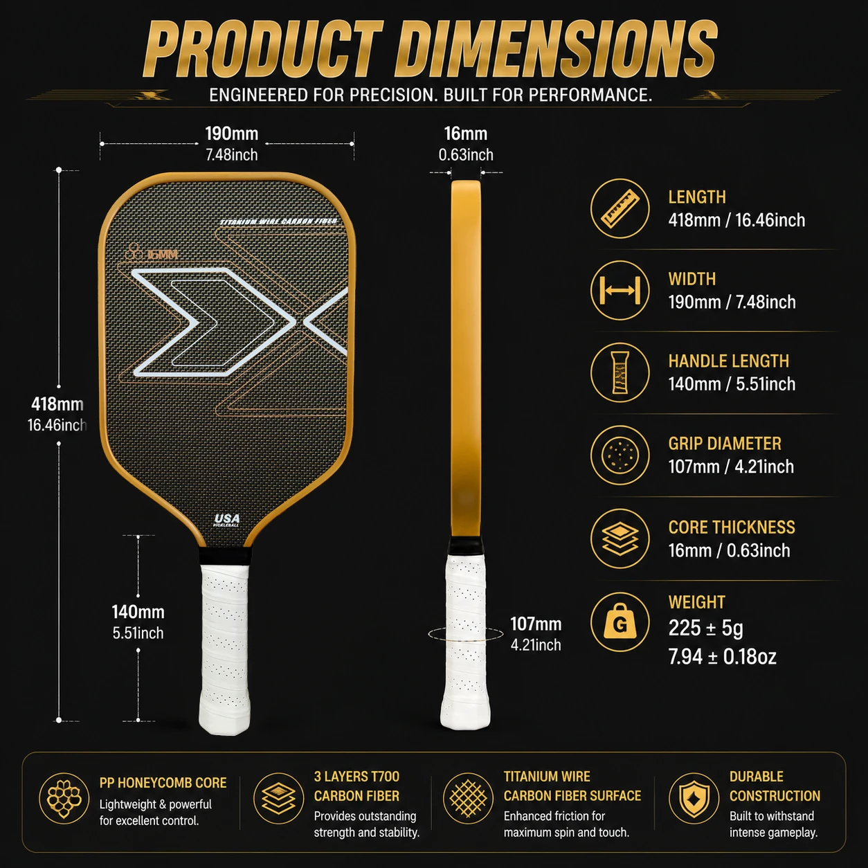 Titanium Gold T700 Carbonfaser-Pickleball-Schläger mit Stofftextur, Matter Oberfläche, Hoher Reibung, Großem Sweet Spot und Kraftvollem Schlag – Detail 2