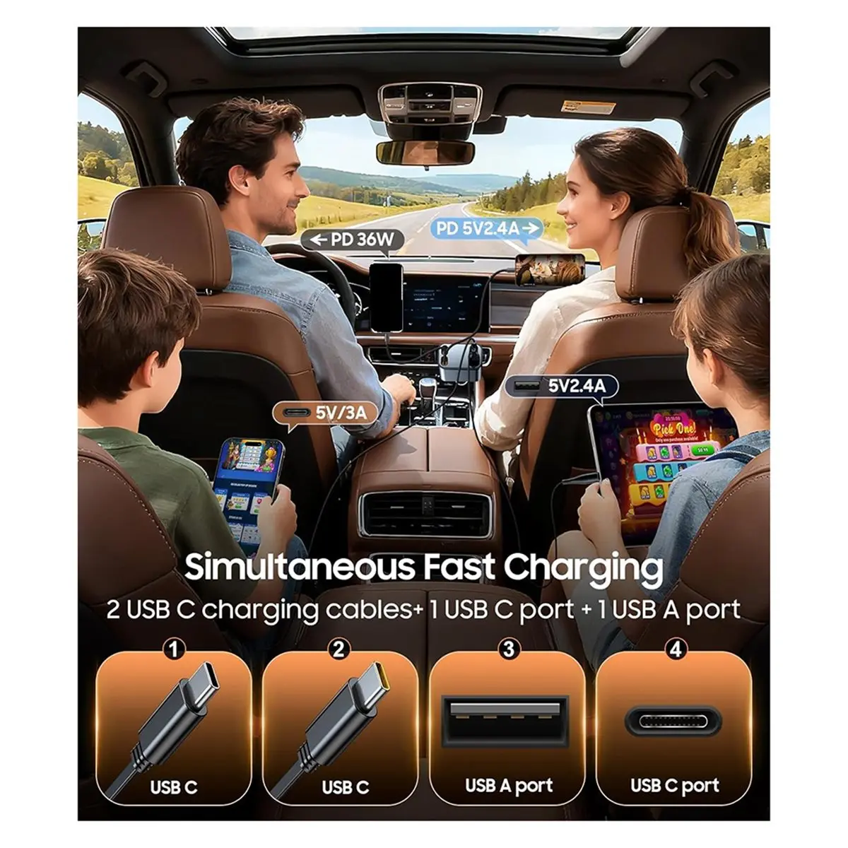 [T28C] Retractable Car Charger, 4 in 1 Fast Charger USB C Car Truck Accessories, Travel Essentials for Christmas Day Gifts