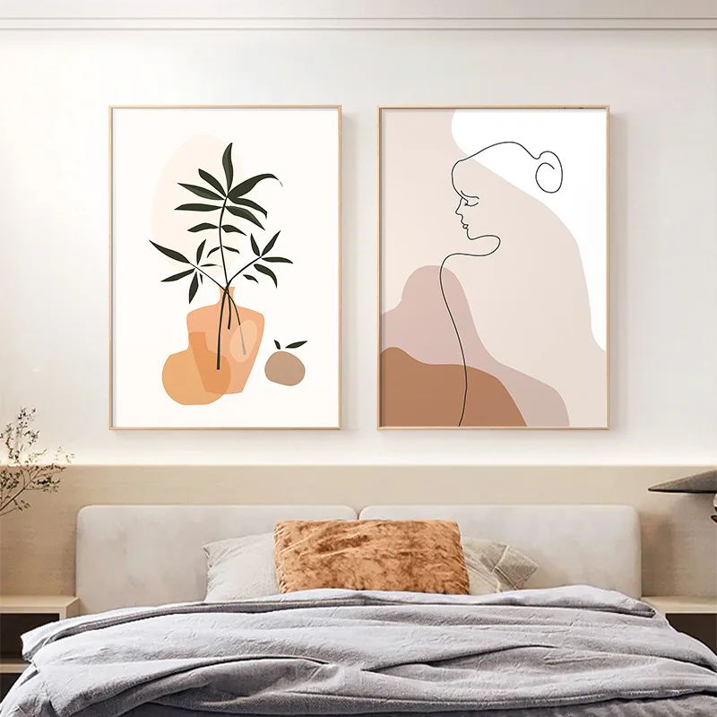 

Abstract lines beautiful woman decorative bedroom simple bedside painting Nordic Morandi watercolor flower canvas painting