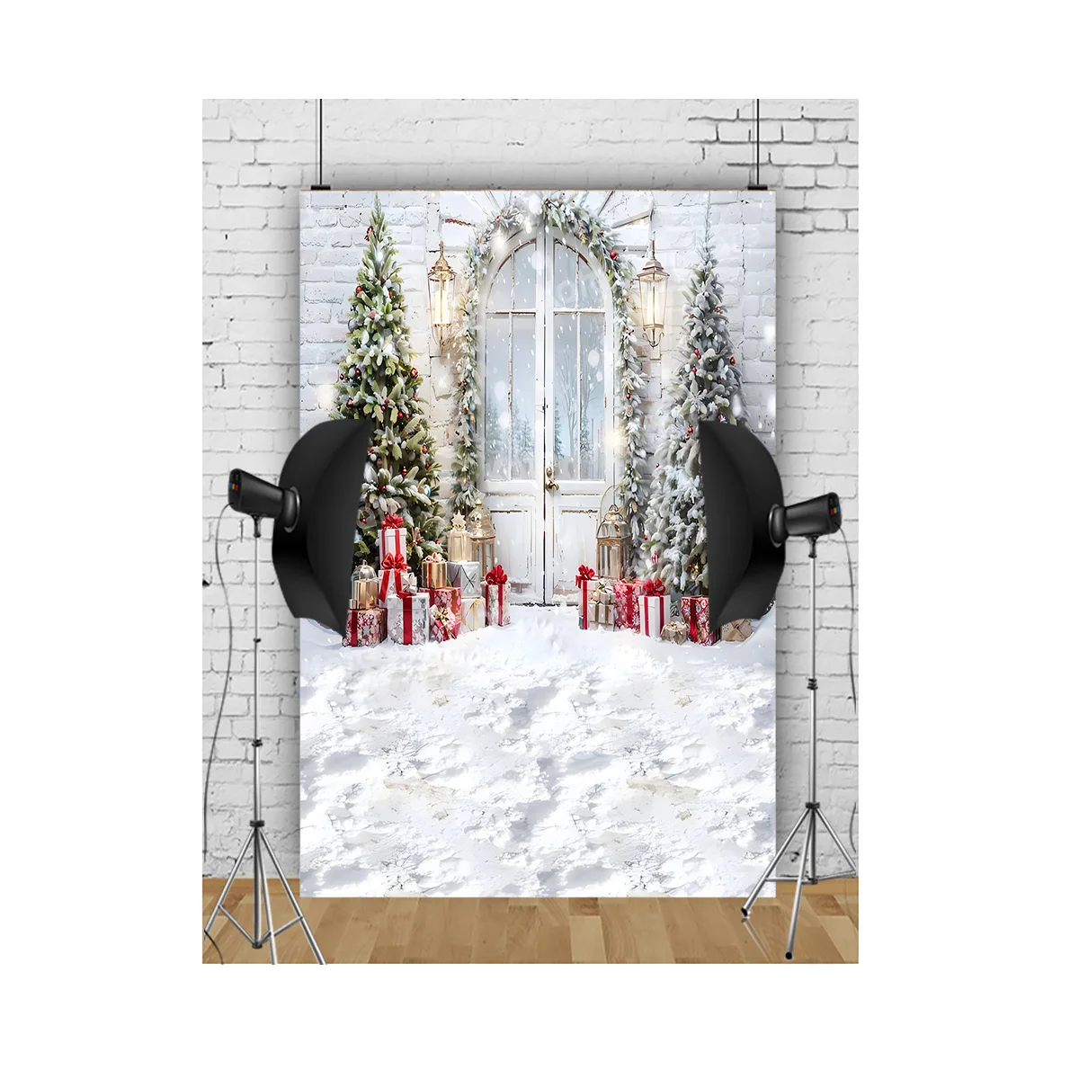  Christmas Tree String Lights Snowflake Gift Box Photography Background Fireplace Colorfast Studio Backdrops AS-03