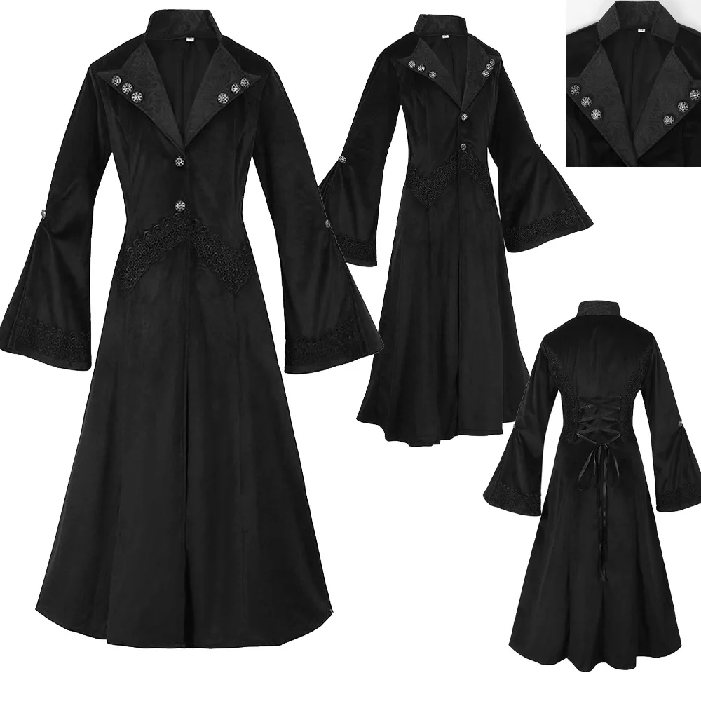 

Retro Gothic Cosplay Costume Long Coat Black Jacket Overcoat Women Adult Outfits Fantasy Halloween Carnival Party Role Play Suit