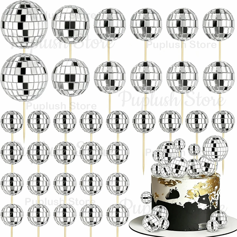 34-teiliges Disco-Kugel-Cupcake-Topper-Set, Spiegel-Silber, Gold, Pink, 70er Retro Kuchendekoration für Disco-Themen-Geburtstagsfeiern – Detail 1