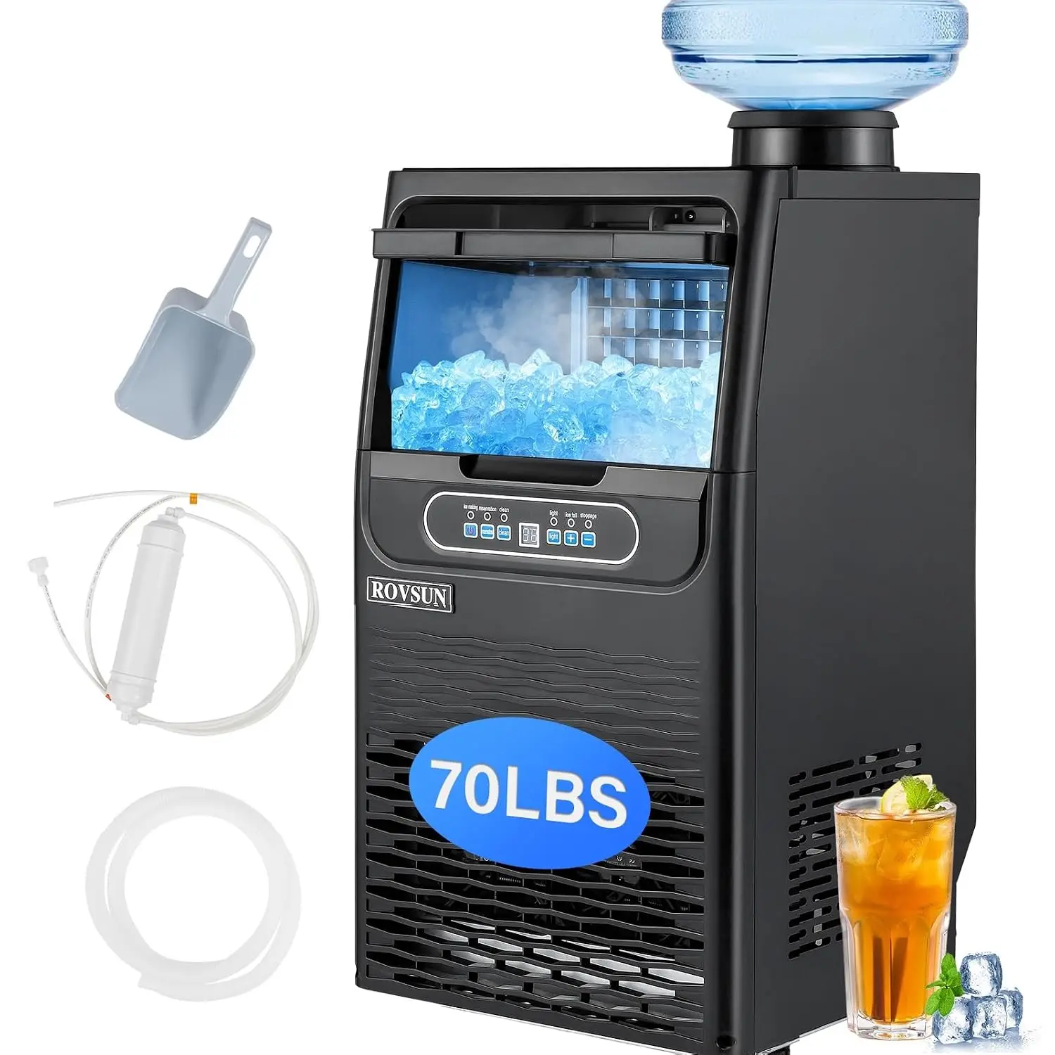 Countertop Ice Maker with Dual Water Inlets, 70LBS/24H Output, 11lbs Storage Bin, Scoop, Drain Pipe & Filter, Customized