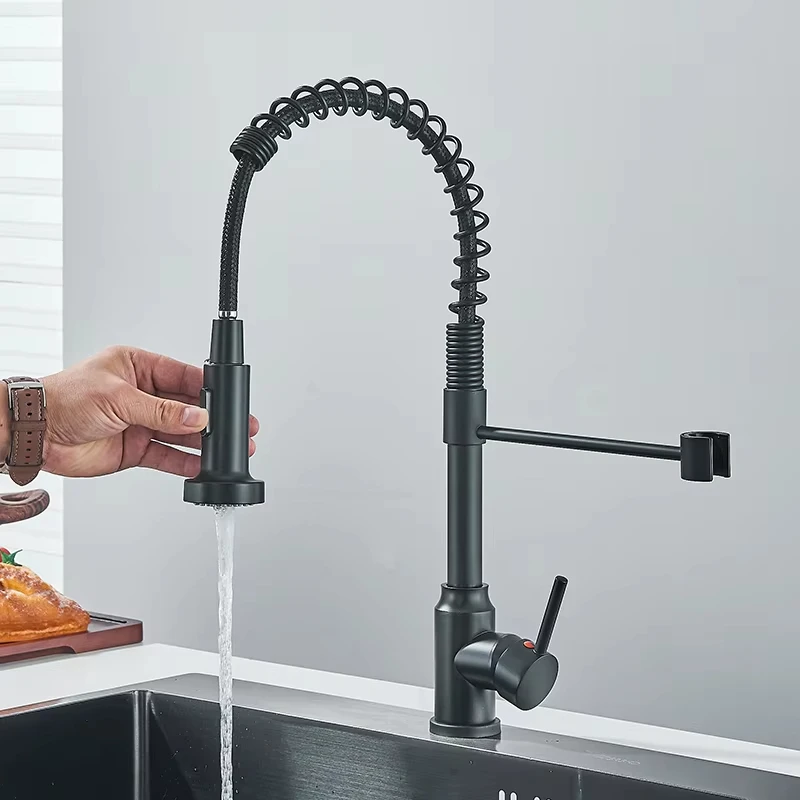 Black kitchen faucet, stainless steel mixer faucet, 360-degree rotating spray nozzle, kitchen sink, hot and cold water faucet.