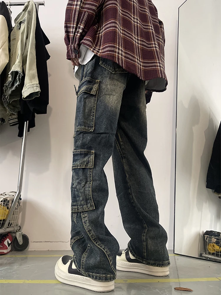 

American Retro Spliced Workwear Jeans Men's Trendy High Street Vibe Haome Loose Wide Leg Long Pants Multi ket Design