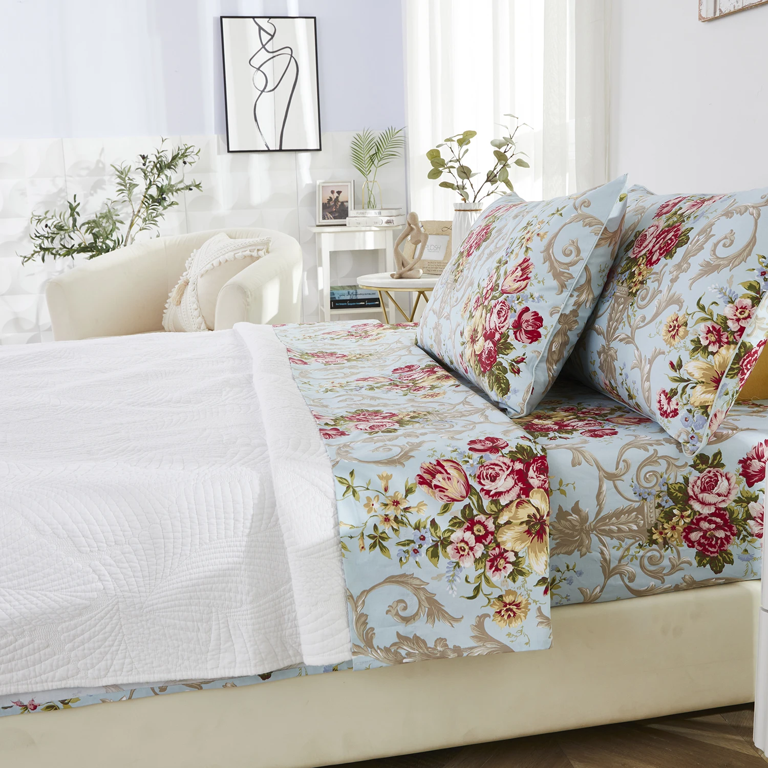 طقم ملاءات مكون من 4 قطع 600 TC 100% قطن (بدون قلب)، وردة حمراء عتيقة باللون الأزرق الفاتح، ناعمة قابلة للتنفس وصديقة للبشرة