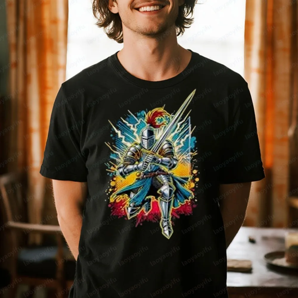 

Средневековый рыцарь, доспехи, меч, шлем, футболка, креативный дизайн, футболка, подарок для любителей средневековой культуры, мужской хлопок с круглым вырезом и коротким рукавом