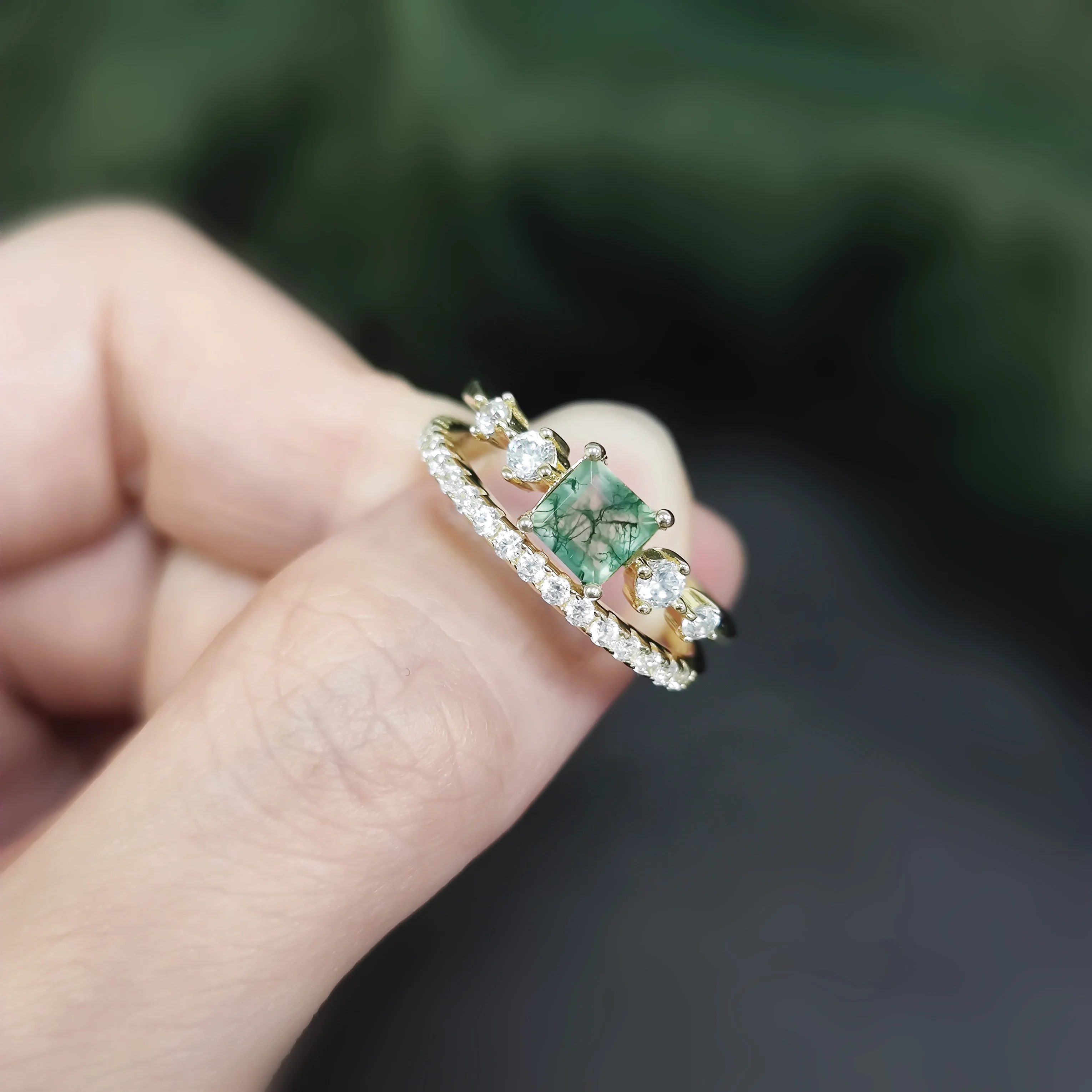 Vintage Moss Agate Engagement Ring Set 14k Gold Art Deco Wedding Ring for Women 925 Sterling Silver Unique Bridal Promise Ring