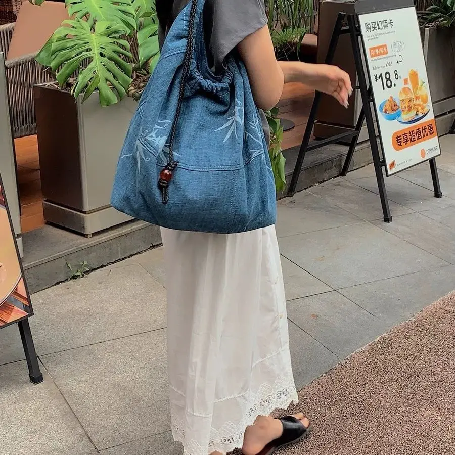 Miyagawa New Chinese Style Denim Large Capacity Tote Bag 2024 Summer New Vintage Torby dla kobiet