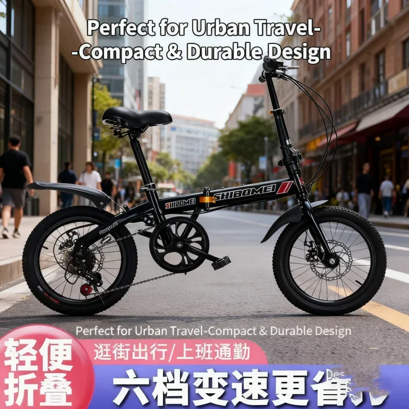 

Black 16-Inch Mini Folding Bike with Variable Speed 6-Speed Disc Brake 12-Inch 14-Inch Small Bicycle for Students Male Female