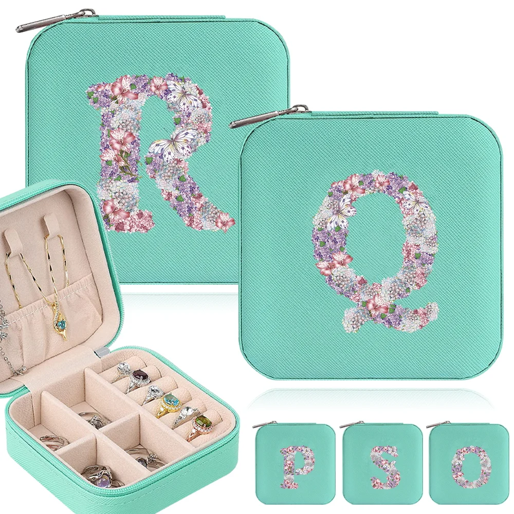 

Women's Jewelry Storage Box Portable Zippered Jewelers Case Rose Flower Pattern Series Travel Necklace Ring Organizer Boxes