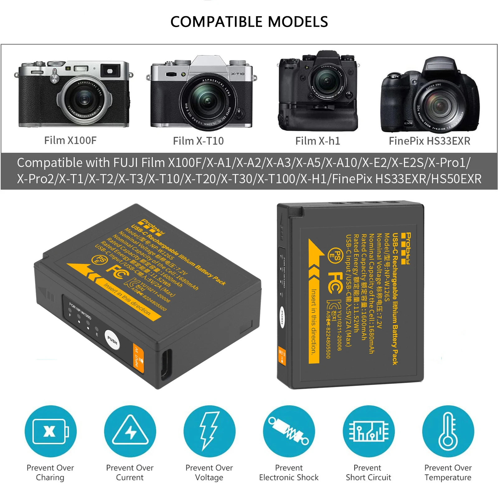 Batería de NP-W126S, batería de cámara USB-C de 1680mAh para Fujifilm X100 IV X-S10 X-T100 X-T50 X100V X-T10 X-T20 X-T30 X-T30 II X-T200