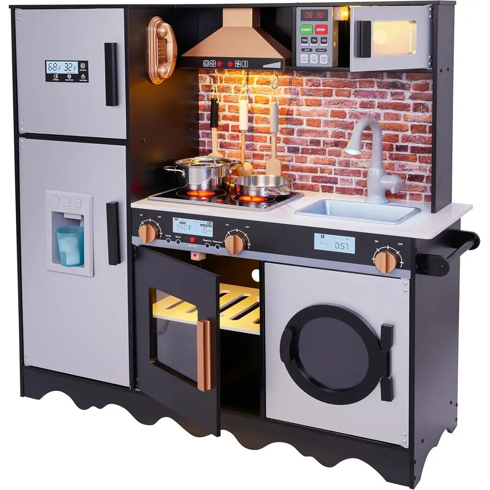 Children's Wooden Play Kitchen with Battery-Powered Appliances and Accessories