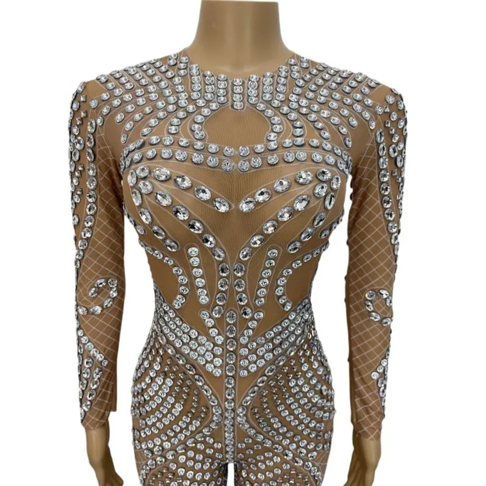 Nude Skinny Rhinestones Jumpsuit Bar Concert Leotard Singer Performance Dance Costume Sexy Stage Wear Birthday Celebrate Outfit