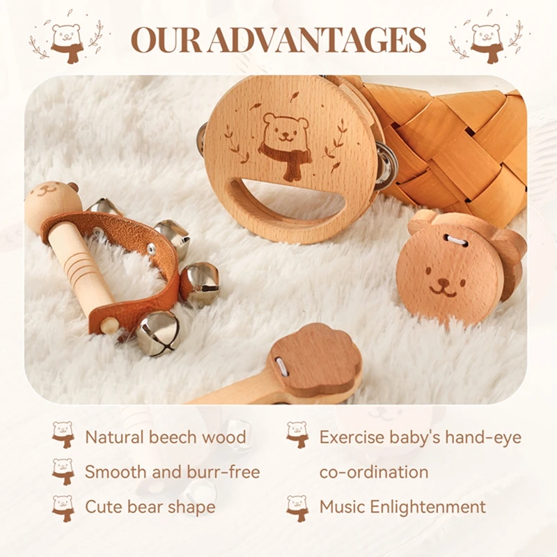 Baby Wooden Rattle Toy No BPA Music Learning Puzzle Game For Newborns Natural Wooden Music Set Sound Comfort Toy Baby’s Present