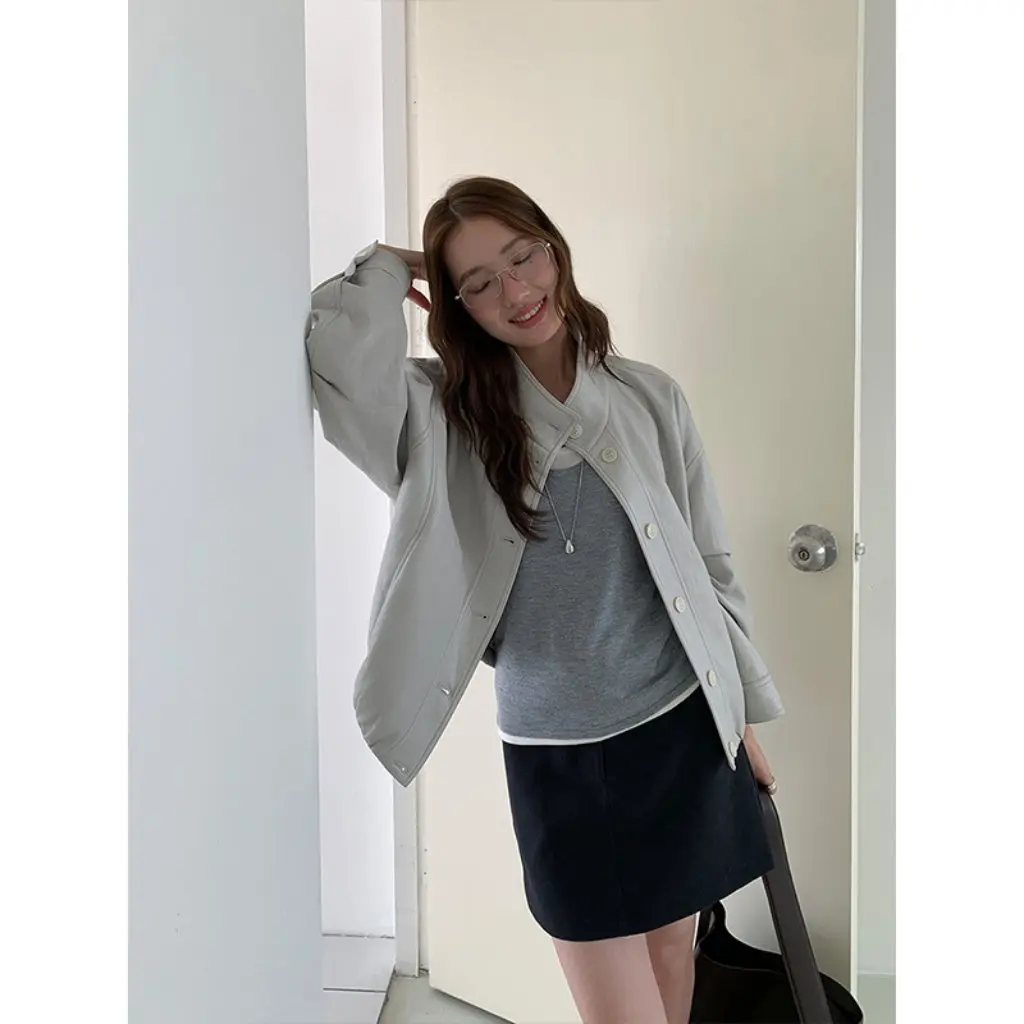 Mind Single-Button PU Leather Jacket Korean Style Minimalist Small Size Coat Outerwear New Arrival Autumn T5502Q