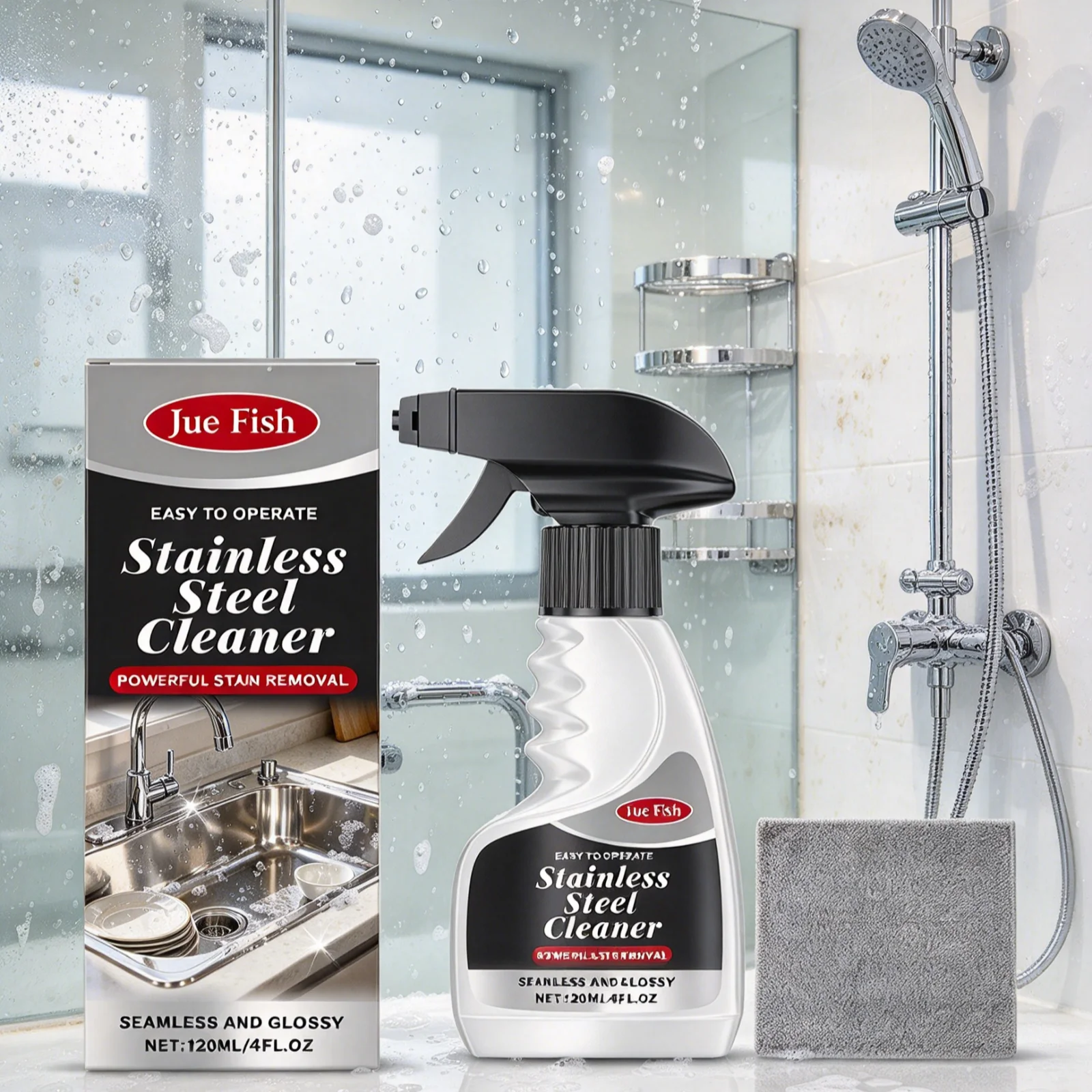 Jue Fish Stainless Steel Cleaner Spray Gentle Cleaning Quick Dry Anti Rust Protection Kitchen Stainless Cleaner with Towel 120ml