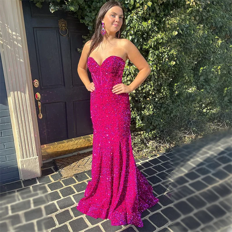 

BLUE Prom Dresses Strapless Simple Sequin Mermaid Evening Gown Sweetheart Neckline Floor-length Vestido De Noche for Women