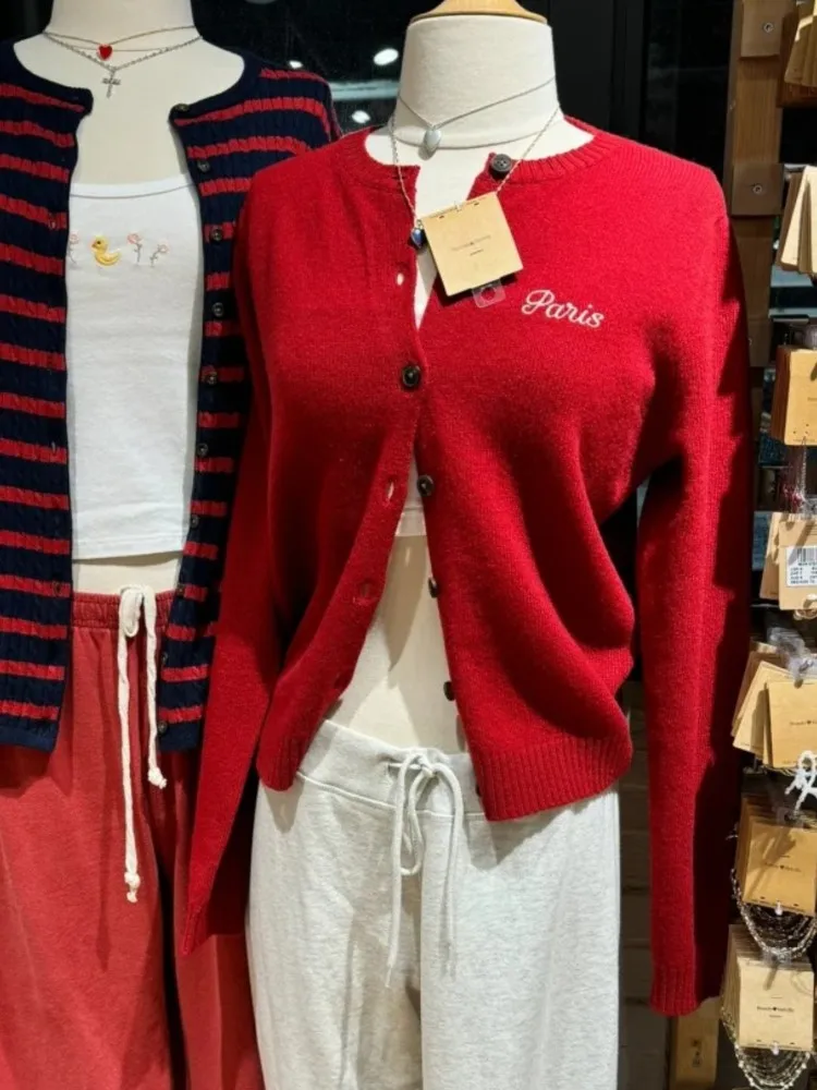 

Letter Embroidered Red Knitted Cardigan Women Autumn Casual Long Sleeve Sweater Sweet Cute Vintage Christmas Knitwear Tops New