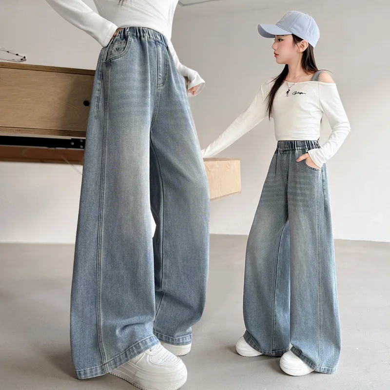 Children Solid Denim Pants for Teenage Girls Korean Style Loose Jeans Kids Casual Simple Soft Cotton Wide Leg Trousers for 4-14Y