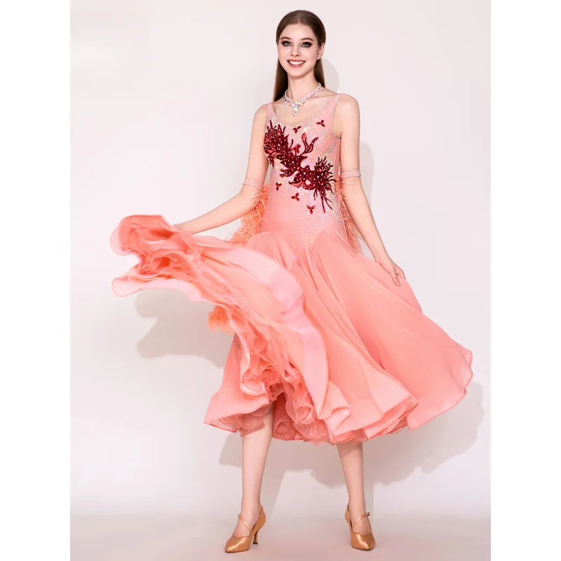 

Ostrich Feather Ballroom Dance Dress MY945 Heavy Work Performance Outfit Waltz Standard Dancewear for Women