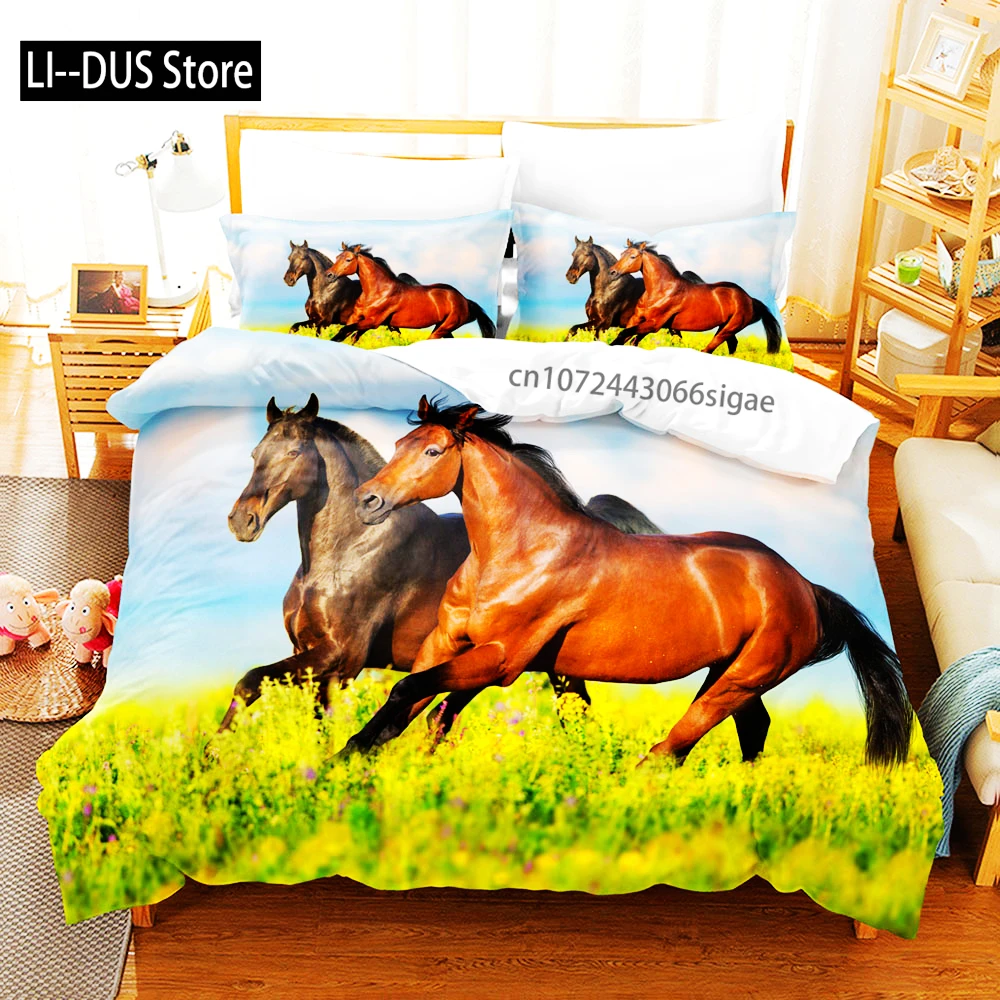 3D Horses Bedding Set Printed Galloping Steed Animal King Queen Size Soft Duvet Cover Set With Pillowcase For Boys Home Textiles
