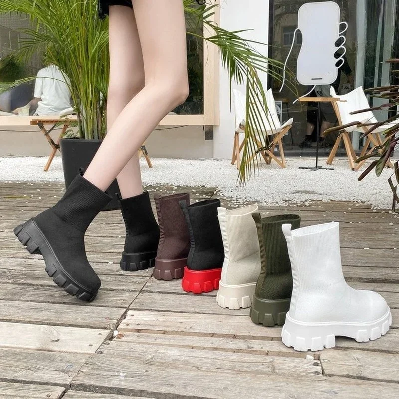 New Sock Boots Women Casual Fashion Knitting Booties Woman Platform Shoes 2021, Autumn Winter Slip-on Wedges Ankle Botas De Mujer