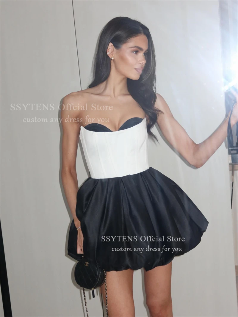 SSYTENS Short A Line Black and White Evening Dresses Sweetheart Graduation Party Dress Fluffy Mini Vestidos De Festa Customized