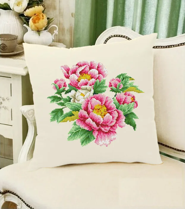 

Delicate Peony Pillow Cross Stitch Kit Living Room Magazine Style Floral Print European Style Cotton Fabric from South Korea