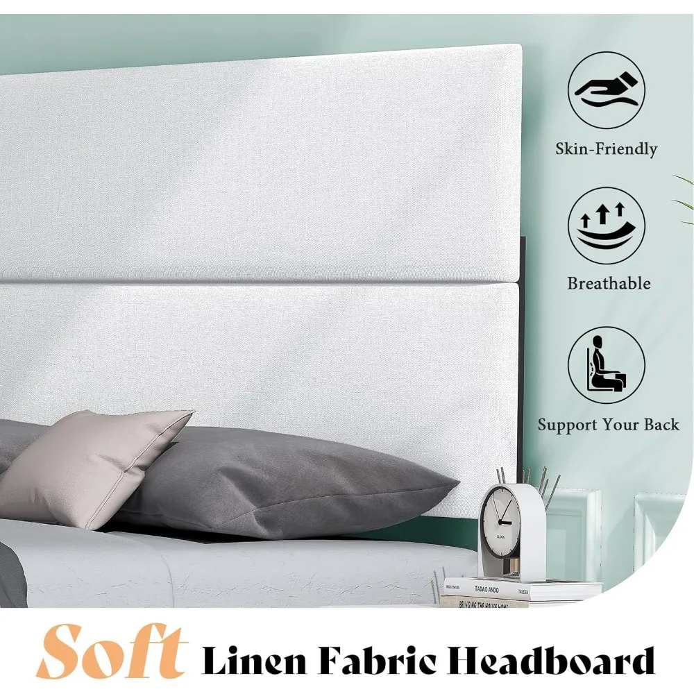 إطار سرير من الكتان المنجد بحجم كوين مع لوح رأسي قابل للتعديل، سرير بمنصة مع دعم شرائح خشبية، سهل التجميع