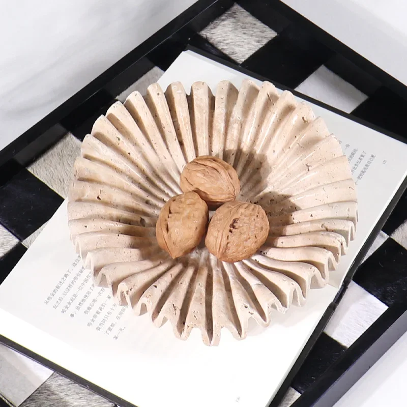 SAIDKOCC Marble Ruffle Bowl for Kitchen Counter Living Room Travertine Scallop Bowl for Fruit Jewelry Decorative Tray for Decor