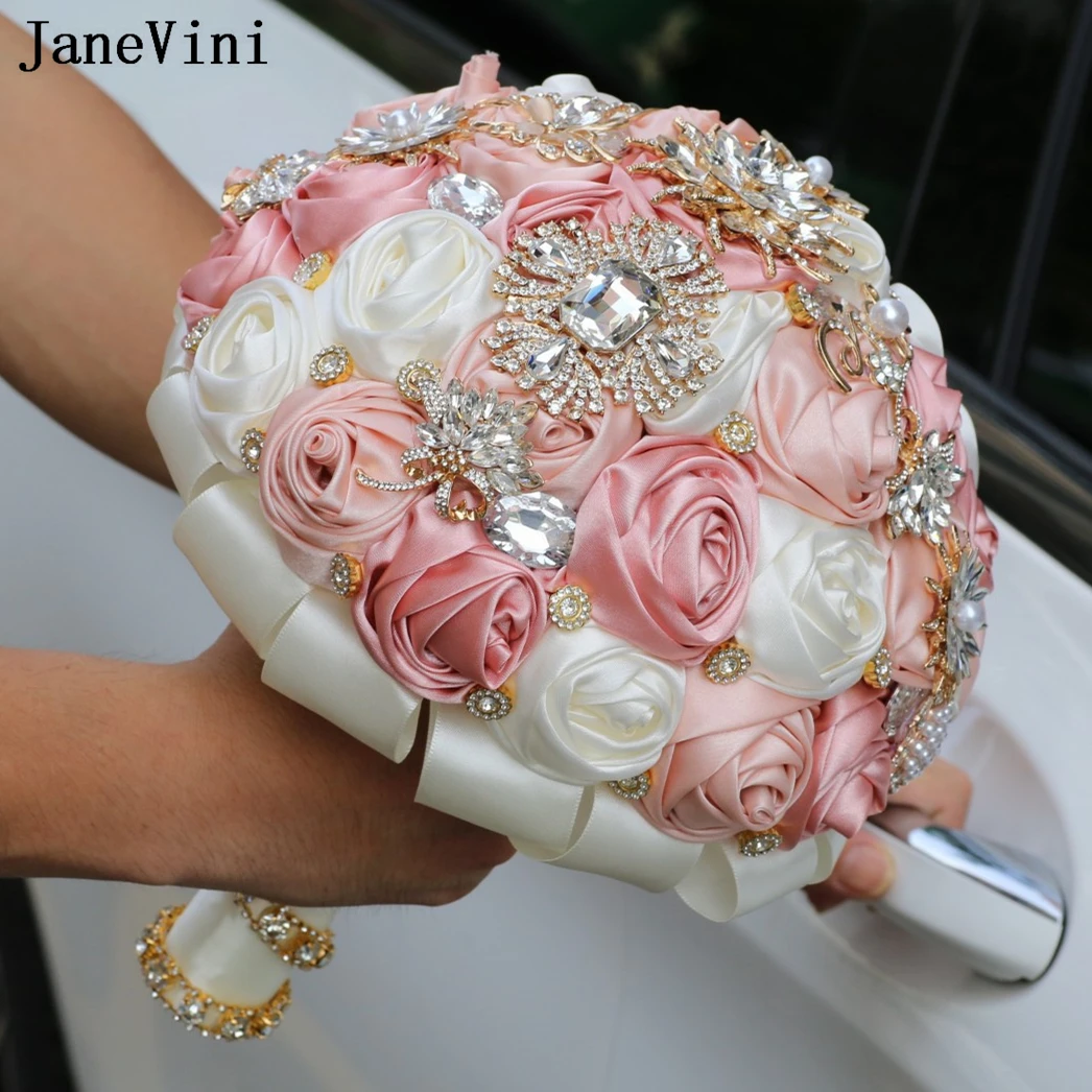 

JaneVini Sparkling Rhinestone Bridal Flower Bouquet Wedding Bridesmaid Satin Rose Luxury Crystal Bouquet for Bride Flower Girl