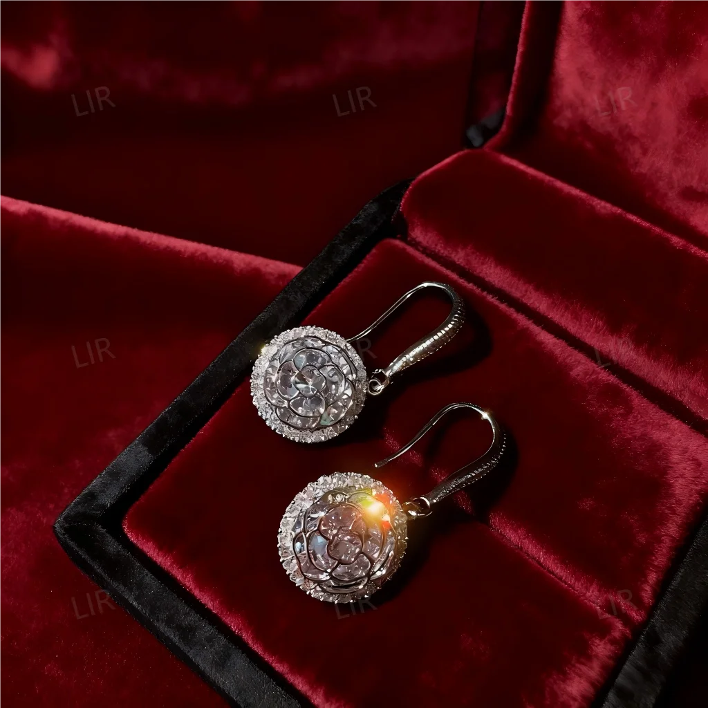 مجموعة مجوهرات LIR النسائية المخصصة: قلادة جوهرة مستديرة من شوبرت روز (متوهجة بالنجوم)، أقراط زهرة الزركون قيراط كبيرة لامعة #3